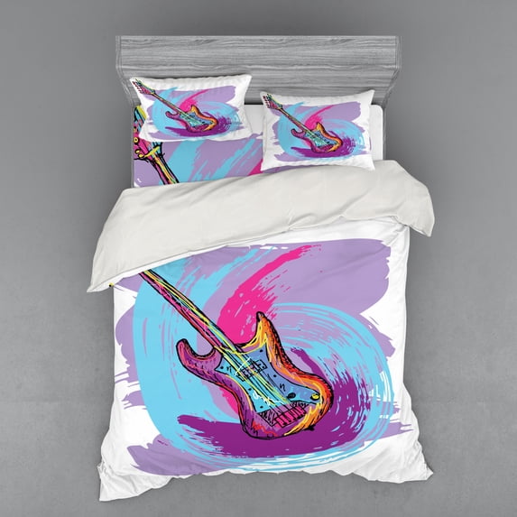 Ambesonne Music Bedding Set 4 Pcs, Guitar Instrument, Queen, Lavender Magenta