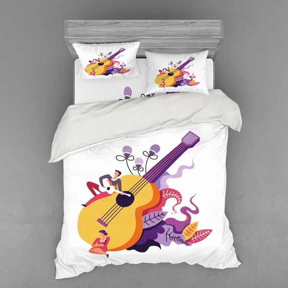 Ambesonne Music Bedding Set 4 Pcs, Guitarist Performing, Queen, Mustard and Multicolor