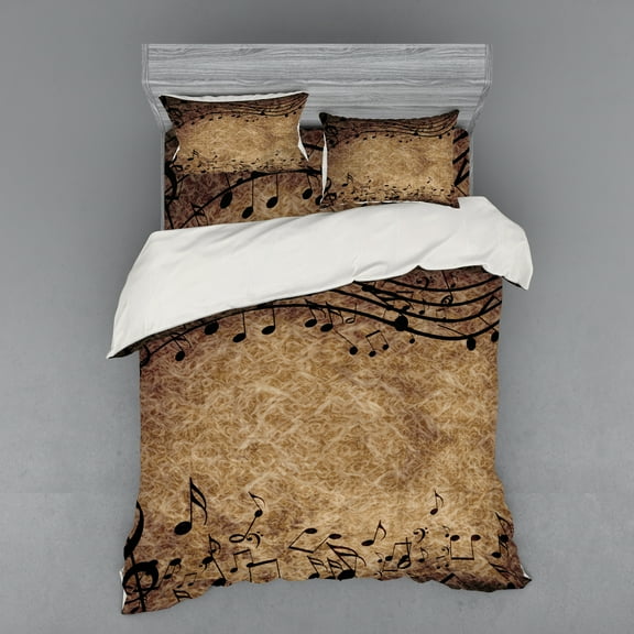 Ambesonne Music Bedding Set 4 Pcs, Notes with Sheet Monochrome, Queen, Yellow Black Brown