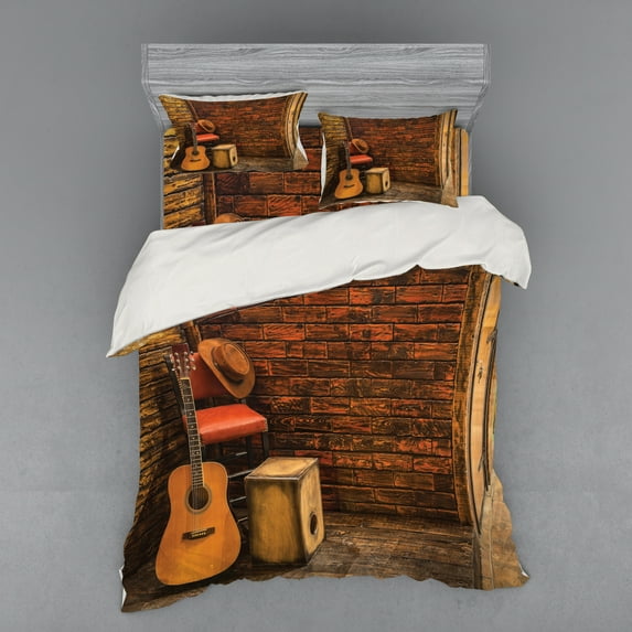 Ambesonne Music Bedding Set 4 Pcs, Wooden Stage Pub Cafe, Queen, Dark Orange Sand Brown