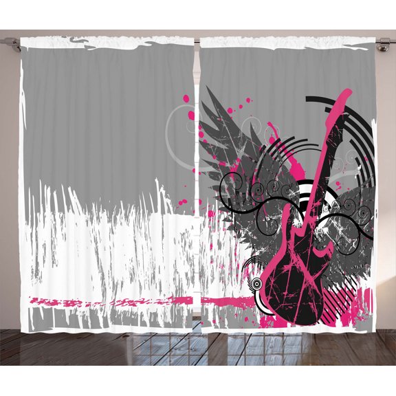 Ambesonne Music Curtains 2 Panel Set, Emo Rock Trippy Grunge, 108" x 90", Dimgrey Hot Pink