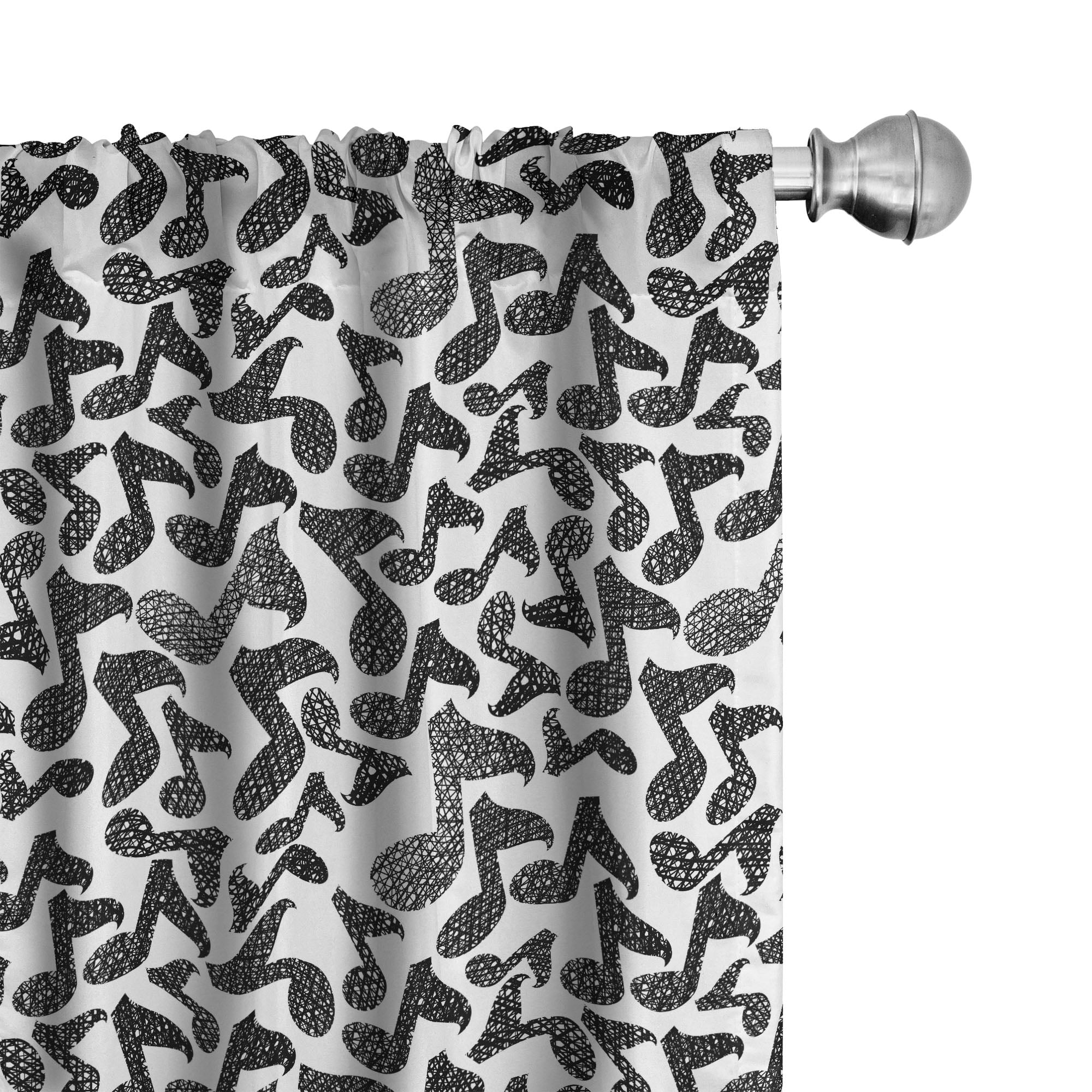 White and Black Music Note Semi-Sheer Rod Pocket Curtains, 28" x 95"