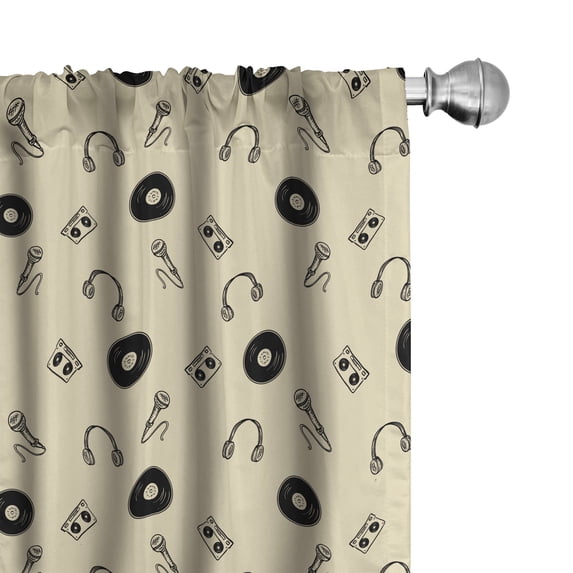 Ambesonne Music Curtains, Retro Records Headphones, Pair of 28"x84", Cream Black