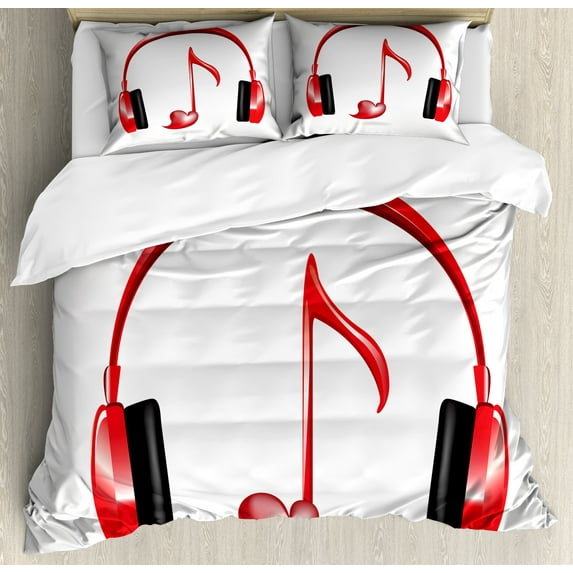 Ambesonne Music Duvet Cover Set, Love Sound Headphones, 2-Calking, Red Black Grey