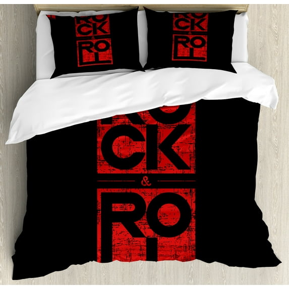 Ambesonne Music Duvet Cover Set, Rock and Roll Concert Poster, King, Dark Blue Grey and Vermilion