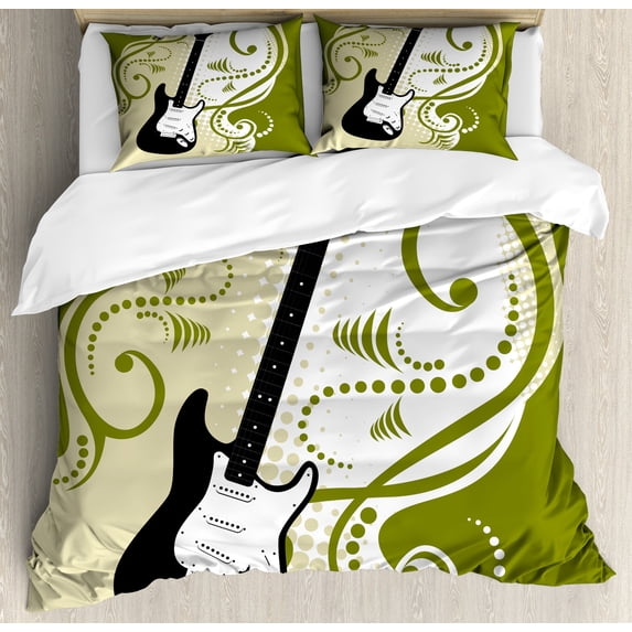 Ambesonne Music Duvet Cover Sets, Electric Bass Guitar, 2-King, Olive Green White Black