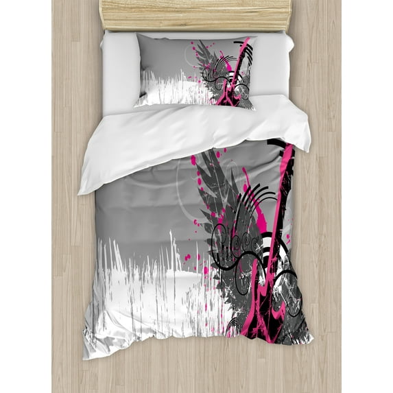 Ambesonne Music Duvet Cover Sets, Emo Rock Trippy Grunge, 2-Twin, Dimgrey Hot Pink