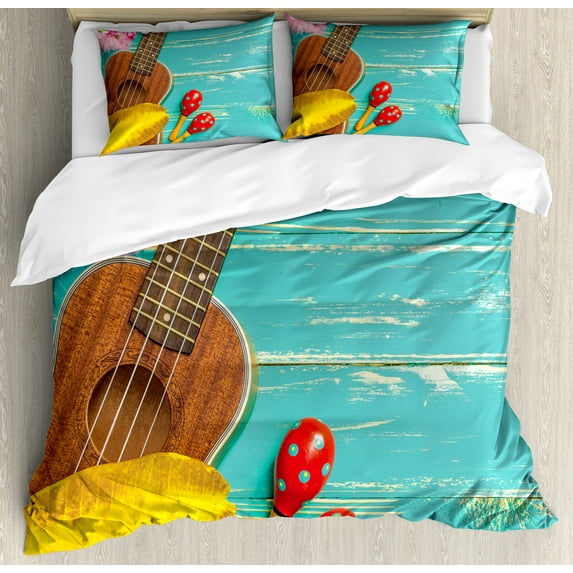 Ambesonne Music Duvet Cover Sets, Hawaiian Summer Ukulele, 2-King, Yellow Brown Aqua