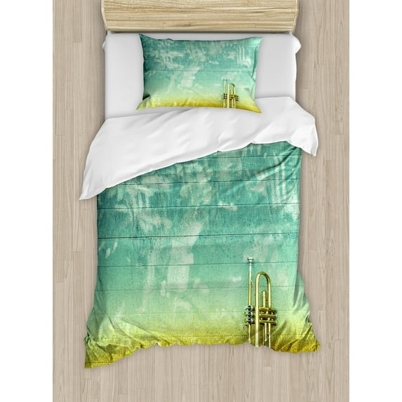 Ambesonne Music Duvet Cover Sets, Old Worn Trumpet Grungy, 2-Twin, Sea Green Brown