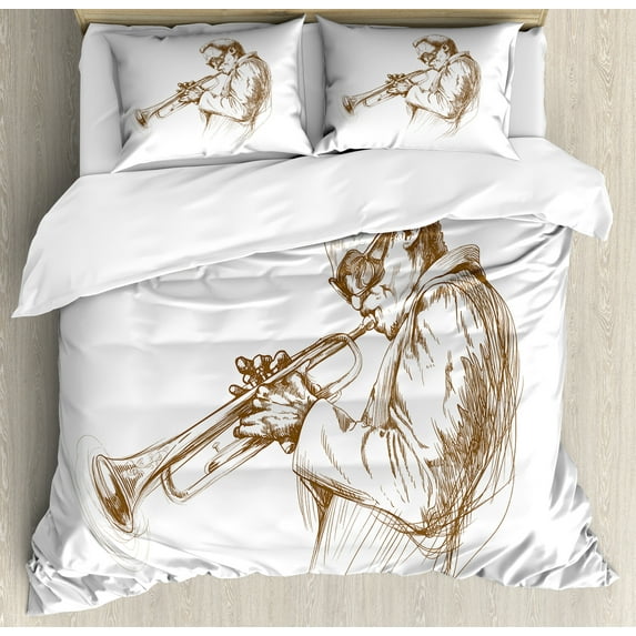 Ambesonne Music Duvet Cover Sets, Sketchy Solo Jazz Band, 2-Queen, Green Brown White