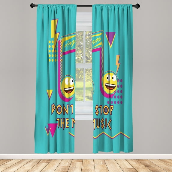 Ambesonne Music Emoji Curtains, Don't Stop the Party, Pair of 28"x84", Seafoam Mustard Magenta