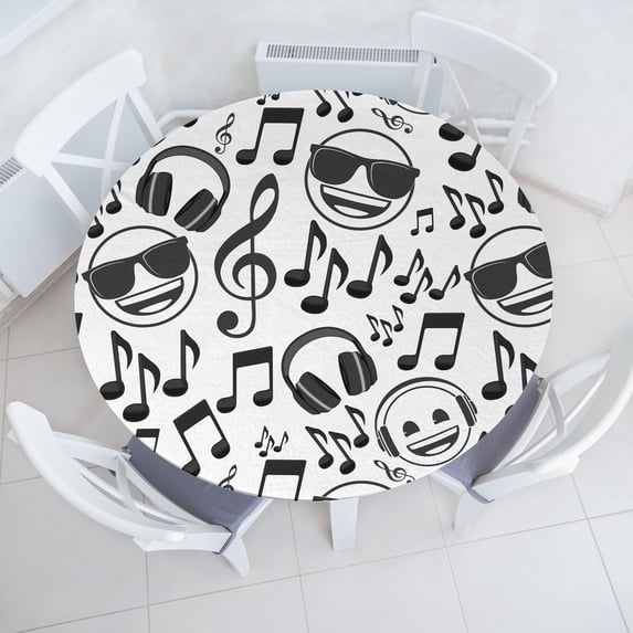 Ambesonne Music Emoji Fitted Round Tablecloth, Faces Treble Clefs Art, 56"- 60" Diameter, Dimgray White