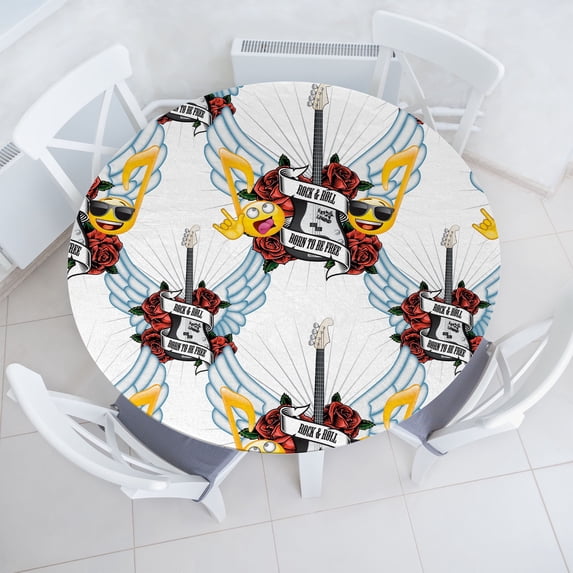 Ambesonne Music Emoji Fitted Round Tablecloth, Rock Vibe Roses Guitars, 56"- 60" Diameter, Ivory Mustard Soft Blue