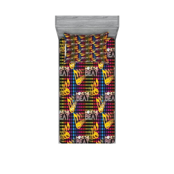 Ambesonne Music Emoji Fitted Sheet & Pillow Sham Set, 90s Move the Beat Funky, Twin, Black Mustard Multicolor