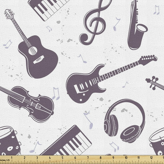 Ambesonne Music Fabric by the Yard Upholstery, Musical Instruments and Notes, 2 Yards, Eggplant and White