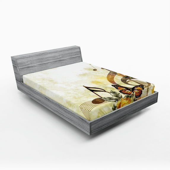 Ambesonne Music Fitted Sheet 2 Pcs Set, Bridal Wedding Floral, California King, Sepia and Yellow
