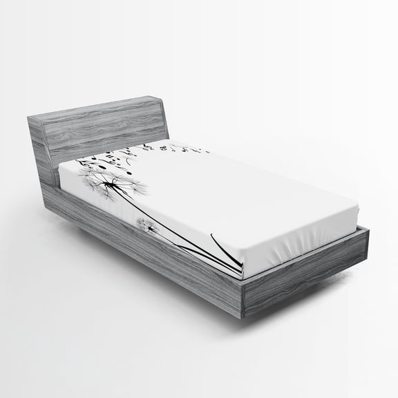 Ambesonne Music Fitted Sheet 2 Pcs Set, Meadow Dandelions Floral, Twin, Black White