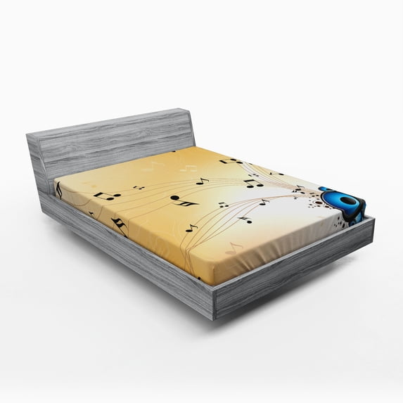 Ambesonne Music Fitted Sheet, Abstract Melodies Notes, Queen Size, Black Blue Sand Brown