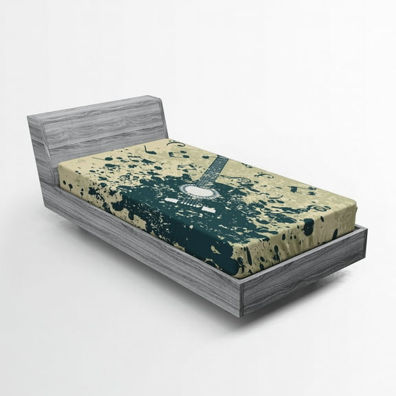 Ambesonne Music Fitted Sheet, Acoustic Guitar Notes, Twin XL Size, Beige Dark Blue