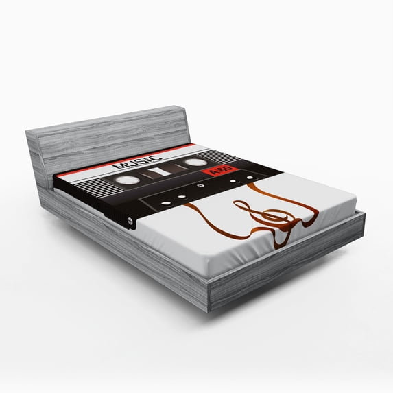 Ambesonne Music Fitted Sheet, Broken Cassette, Full Size, Orange Caramel White