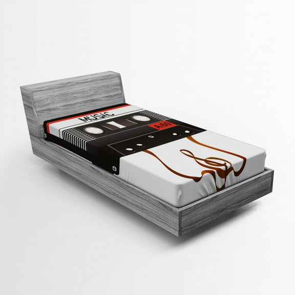 Ambesonne Music Fitted Sheet, Broken Cassette, Twin Size, Orange Caramel White