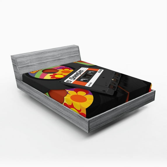 Ambesonne Music Fitted Sheet, Cassette Vinyl 70s, Full Size, Multicolor