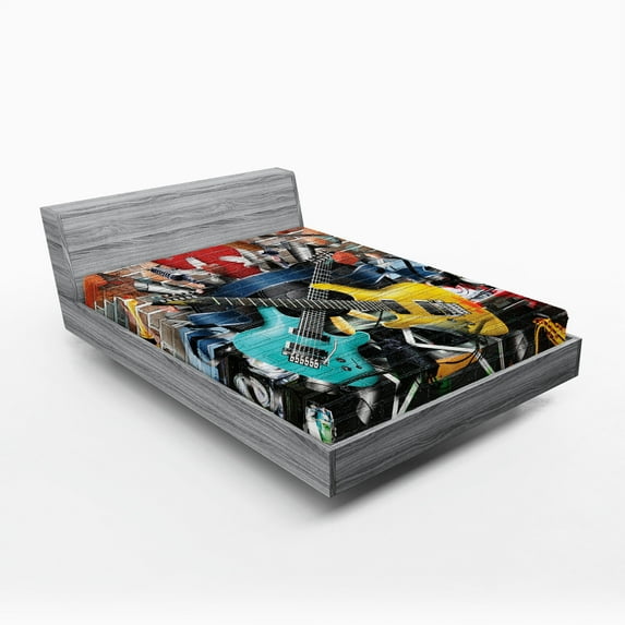 Ambesonne Music Fitted Sheet, Collage Instrument Joyful, Full Size, Multicolor