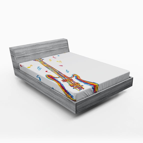 Ambesonne Music Fitted Sheet, Doodle Style Guitar Art, Full Size, Blue Red Yellow