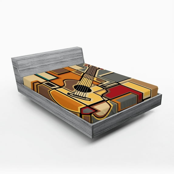 Ambesonne Music Fitted Sheet, Geometric Guitar Funky, Queen Size, Multicolor