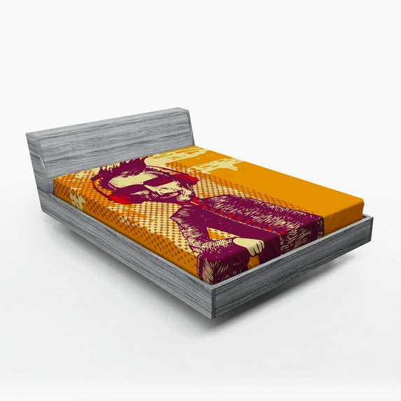 Ambesonne Music Fitted Sheet, Grotesque Man Headphones, Queen Size, Marigold Maroon