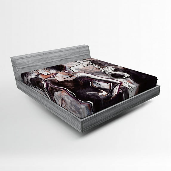 Ambesonne Music Fitted Sheet, Jazz Musician Saxophone, Full Size, Pink Black White