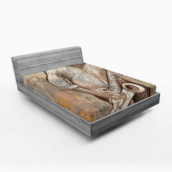 Ambesonne Music Fitted Sheet, Jazz Musician on Street, Queen Size, Brown Ecru