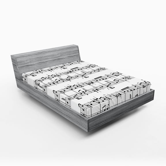 Ambesonne Music Fitted Sheet, Notes on the Clef, Full Size, Black and White