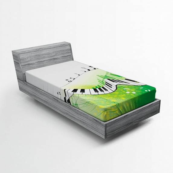 Ambesonne Music Fitted Sheet, Piano Keys Green Curvy, Twin XL Size, Lime Green Black White