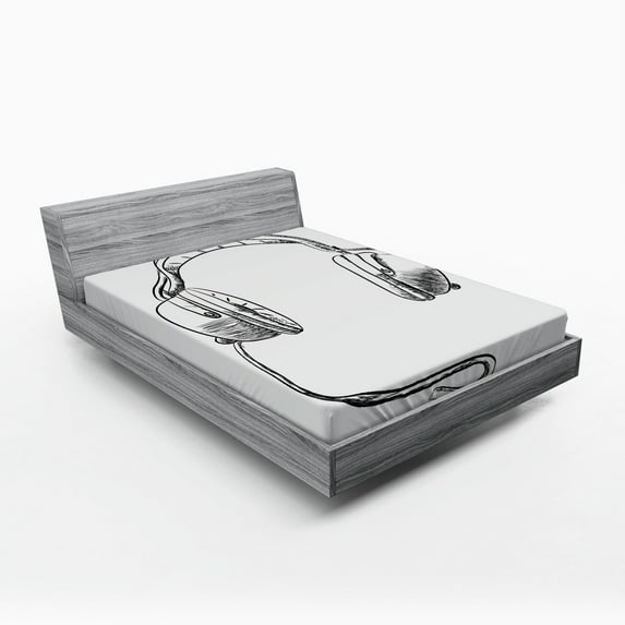 Ambesonne Music Fitted Sheet, Sketchy DJ Headphones, Queen Size, Black White