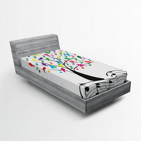 Ambesonne Music Fitted Sheet, Tree with Notes Happiness, Twin Size, Multicolor