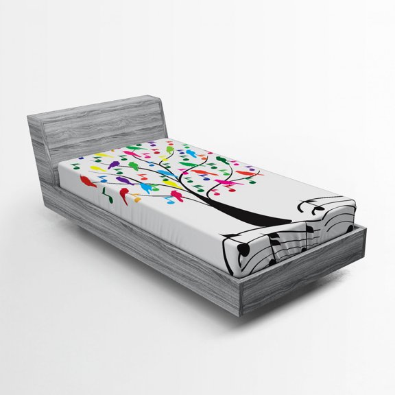 Ambesonne Music Fitted Sheet, Tree with Notes Happiness, Twin Size, Multicolor