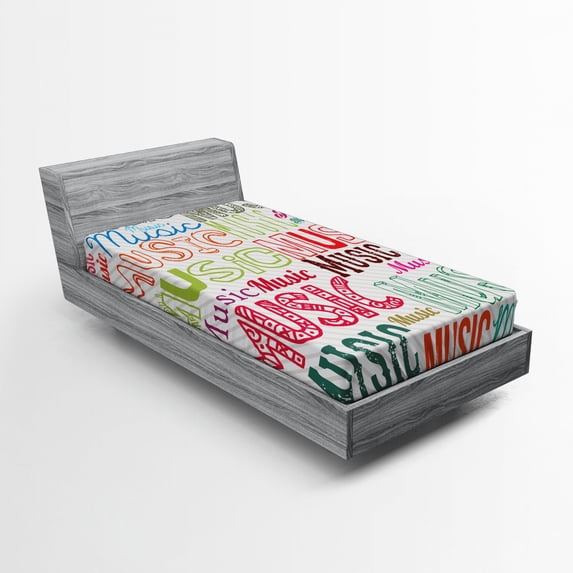 Ambesonne Music Fitted Sheet, Typography Rhythm Funky, Twin Size, Multicolor