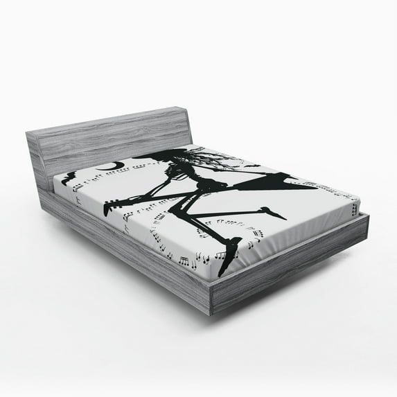 Ambesonne Music Fitted Sheet, Witch on Guitar, Queen Size, Black White