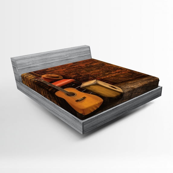 Ambesonne Music Fitted Sheet, Wooden Stage Pub Cafe, Queen Size, Dark Orange Sand Brown