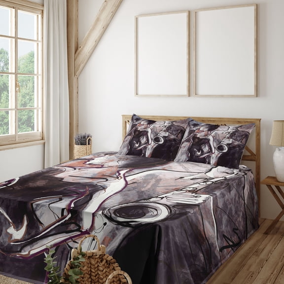 Ambesonne Music Fitted & Top Sheet Set with Shams, Jazz Musician Saxophone, Pink Black White