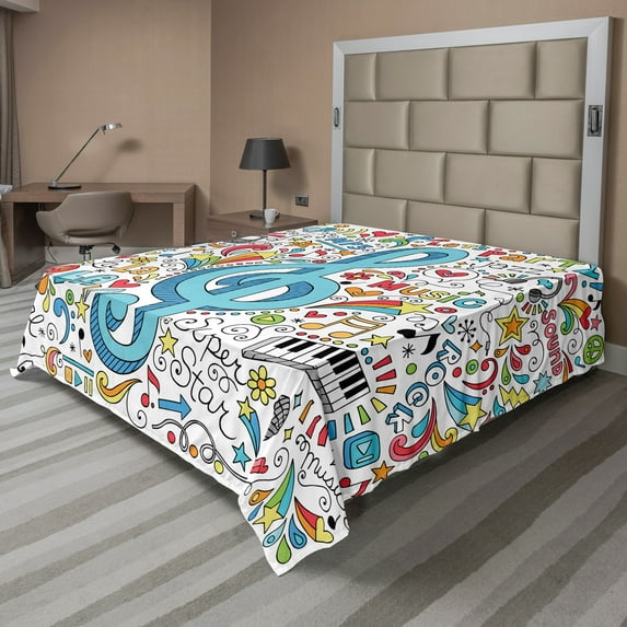 Ambesonne Music Flat Sheet, Big Clef with Doodles Around, California King, White Multicolor
