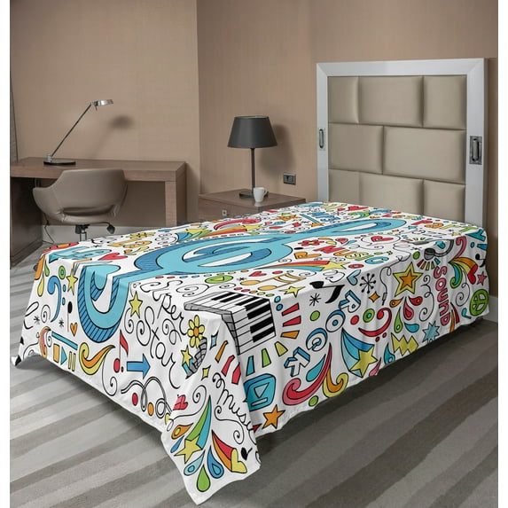 Ambesonne Music Flat Sheet, Big Clef with Doodles Around, Twin Size, White Multicolor