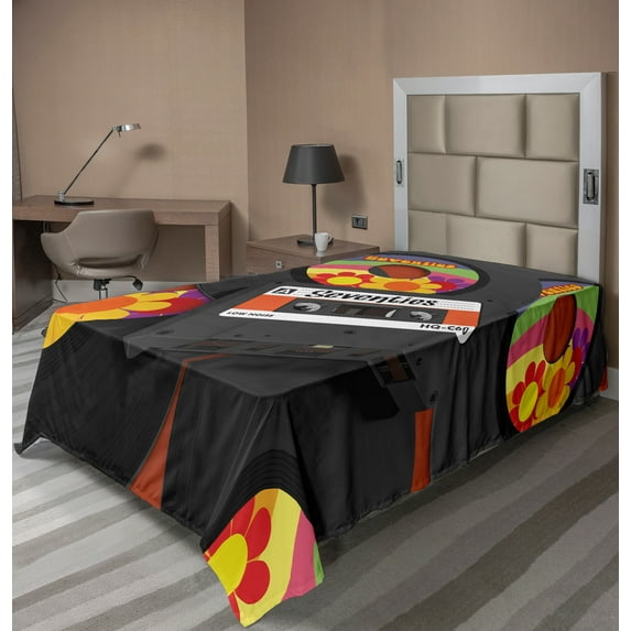 Ambesonne Music Flat Sheet, Cassette Vinyl 70s, TwinXL Size, Multicolor