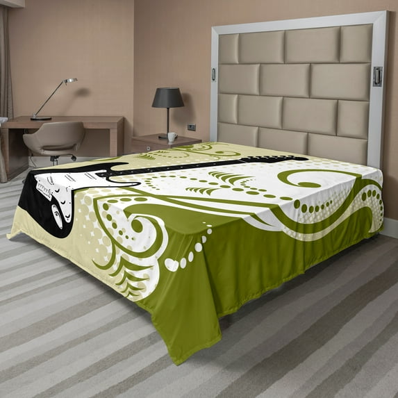 Ambesonne Music Flat Sheet, Electric Bass Guitar, Full Size, Olive Green White Black