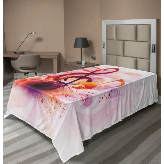Ambesonne Music Flat Sheet, Gradient Treble Chef Motif, TwinXL Size, White and Multicolor