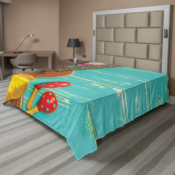Ambesonne Music Flat Sheet, Hawaiian Summer Ukulele, California King, Yellow Brown Aqua
