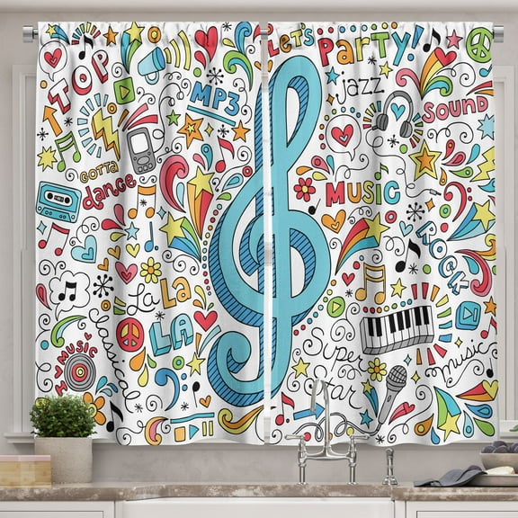 Ambesonne Music Kitchen Curtains, Big Clef with Doodles Around, 55"x36", White Multicolor