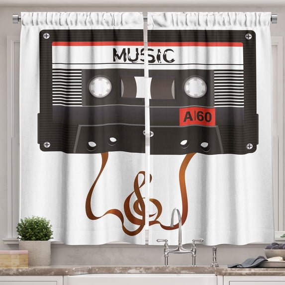 Ambesonne Music Kitchen Curtains, Broken Cassette, 55"x39", Orange Caramel White