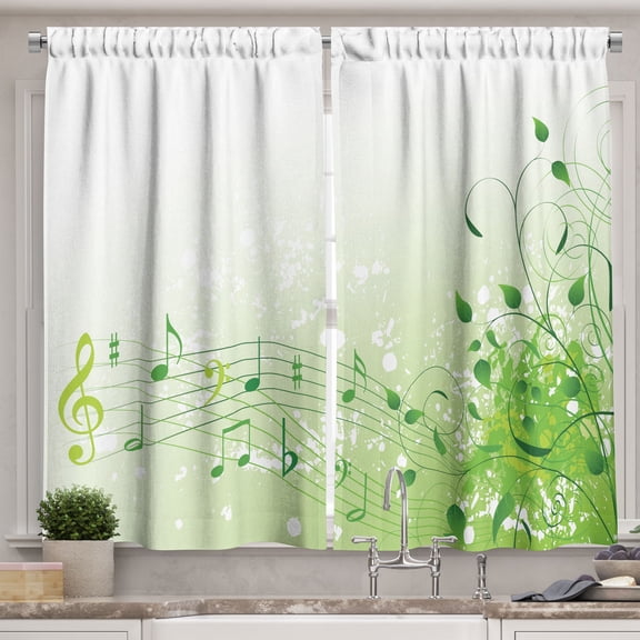 Ambesonne Music Kitchen Curtains, Curlicue Leaves Treble Chef, 55"x45", White Green Pastel Green